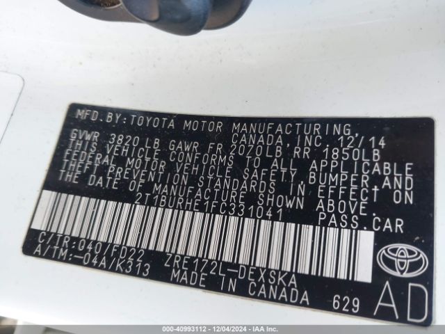 2T1BURHE1FC331041 Toyota Corolla L/le/le Pls/prm/s/s Pls