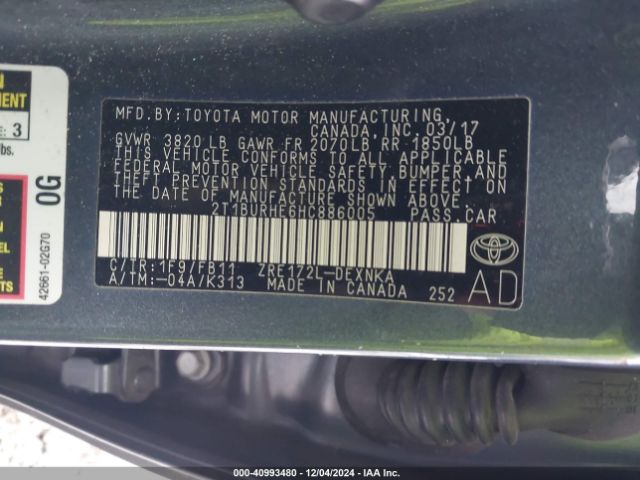 2T1BURHE6HC886005 Toyota COROLLA LE
