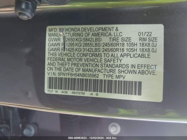 5FNYF6H54NB035962 Honda Pilot Awd Ex-l