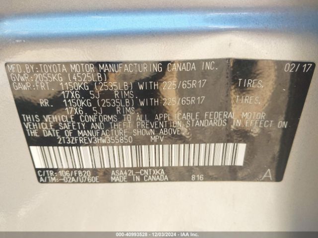 2T3ZFREV3HW355850 Toyota RAV4 LE