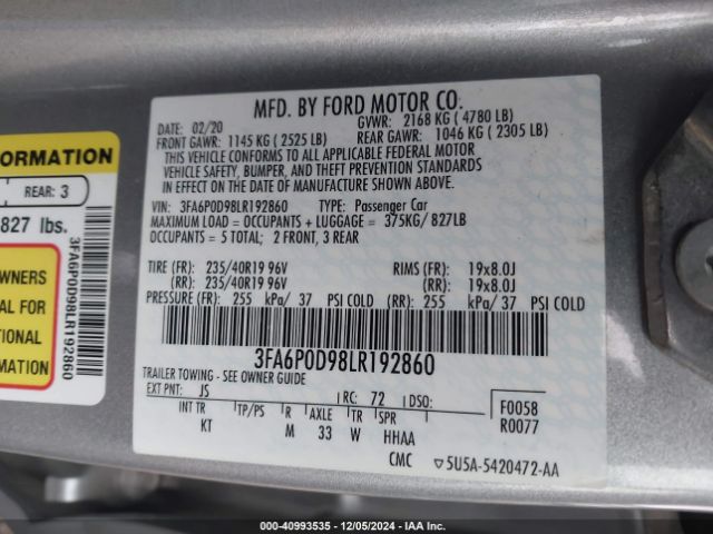 3FA6P0D98LR192860 Ford Fusion Titanium