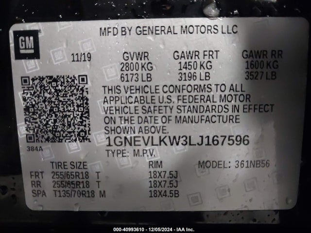 1GNEVLKW3LJ167596 Chevrolet Traverse Awd 1fl