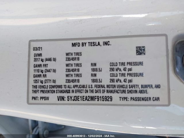 5YJ3E1EA2MF915929 Tesla Model 3 Standard Range Plus Rear-wheel Drive