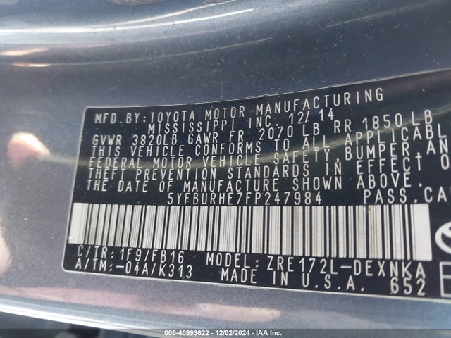 Toyota COROLLA LE 2015 5YFBURHE7FP247984 Image 9