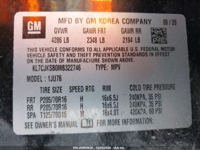 KL7CJKSB0MB322746 Chevrolet Trax Fwd Ls