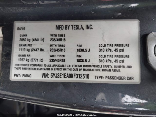 5YJ3E1EA0KF312510 Tesla Model 3 Long Range/mid Range/standard Range/standard Range Plus
