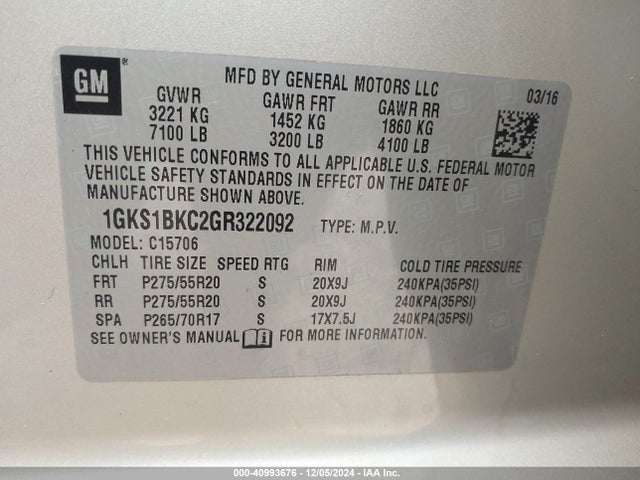 1GKS1BKC2GR322092 GMC YUKON SLT