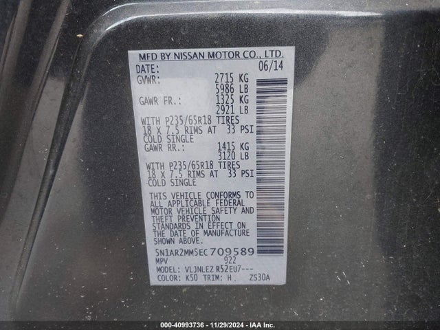 Nissan Pathfinder Sv 2014 5N1AR2MM5EC709589 Image 9