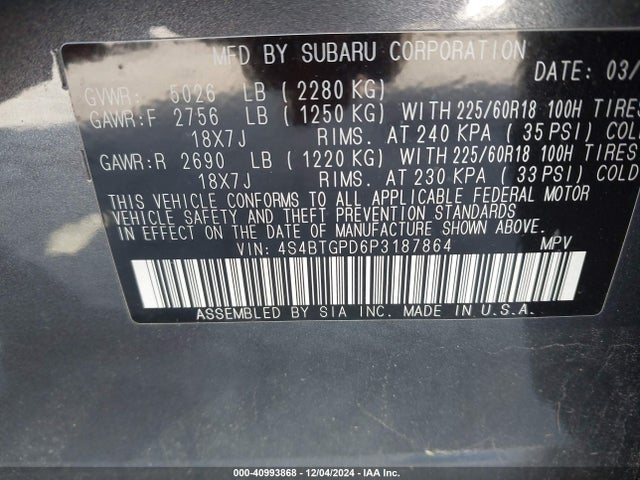 4S4BTGPD6P3187864 Subaru Outback Touring Xt
