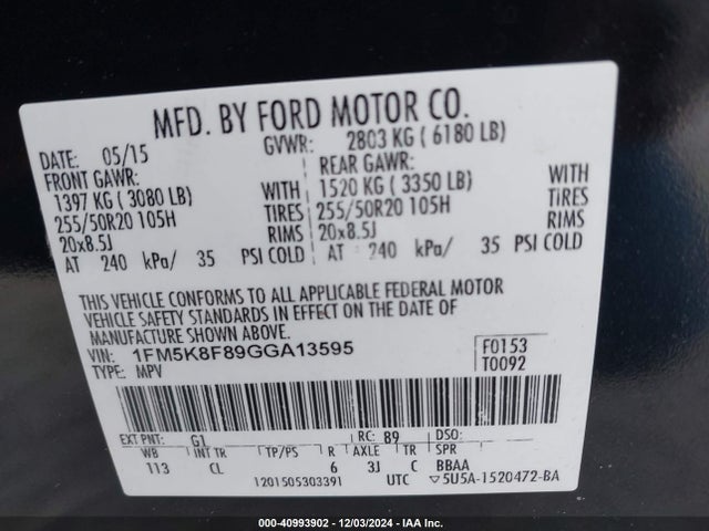 Ford Explorer Limited 2016 1FM5K8F89GGA13595 Image 9