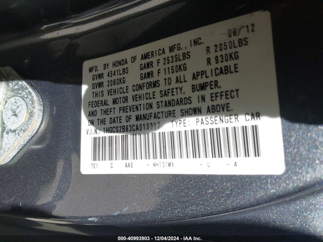 Aukcja sprzedaży 2012 Honda Accord 3.5 Ex-l, vin: 1HGCS2B83CA010317, numer aukcji: 40993903