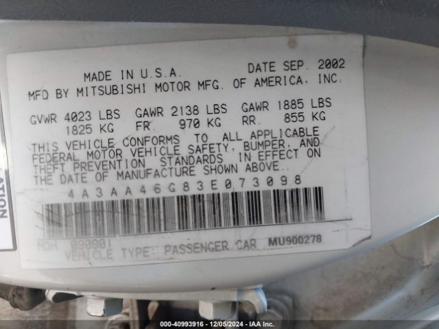 2003 MITSUBISHI GALANT 4A3AA46G83E073098 Photo 8