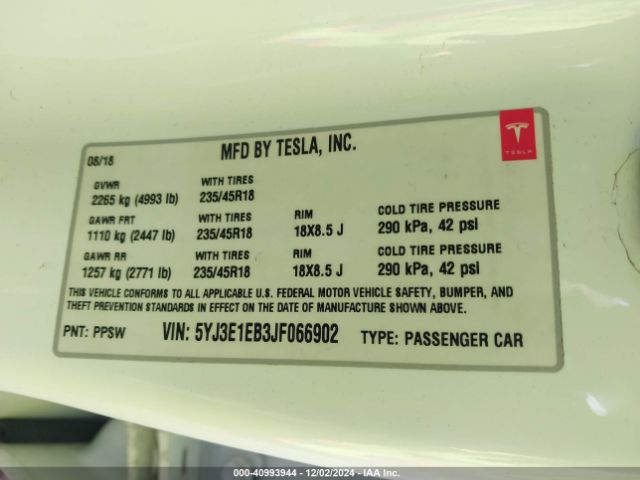 5YJ3E1EB3JF066902 Tesla Model 3 Long Range/performance