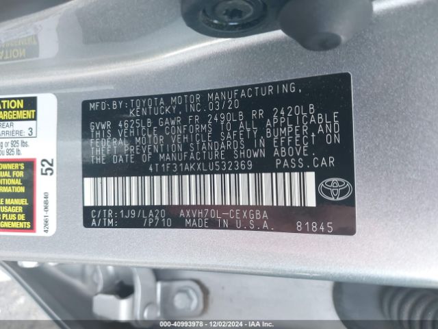 4T1F31AKXLU532369 Toyota Camry Xle Hybrid