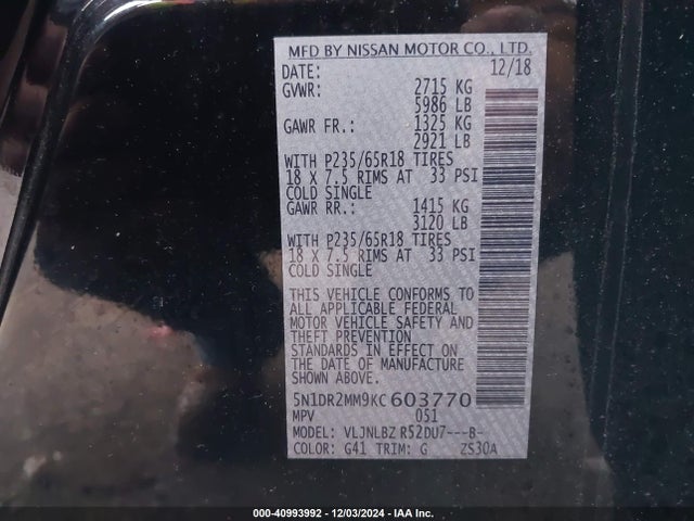 5N1DR2MM9KC603770 Nissan Pathfinder S