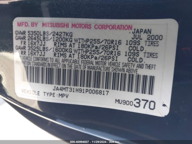 2001 MITSUBISHI MONTERO SPORT JA4MT31H91P006817 Photo 8