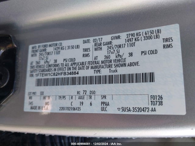 Ford F-150 Xlt 2017 1FTEW1C82HFB34884 Image 9