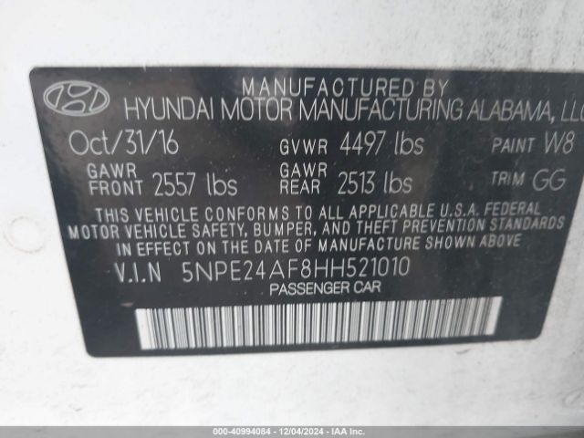5NPE24AF8HH521010 Hyundai Sonata