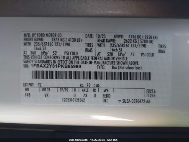 1FBAX2Y81PKB85989 Ford Transit-350 Passenger Van Xl