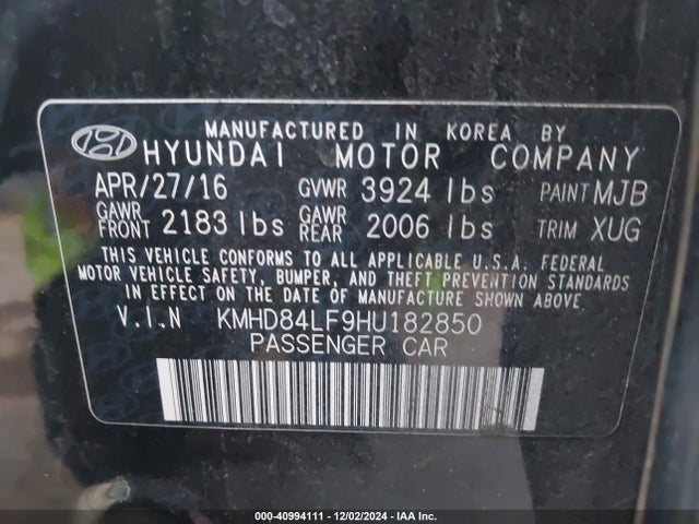 KMHD84LF9HU182850 Hyundai Elantra Limited