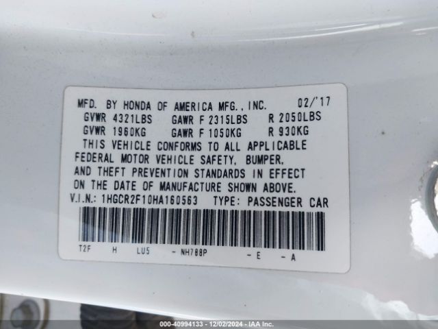 1HGCR2F10HA160563 Honda Accord Sport Se