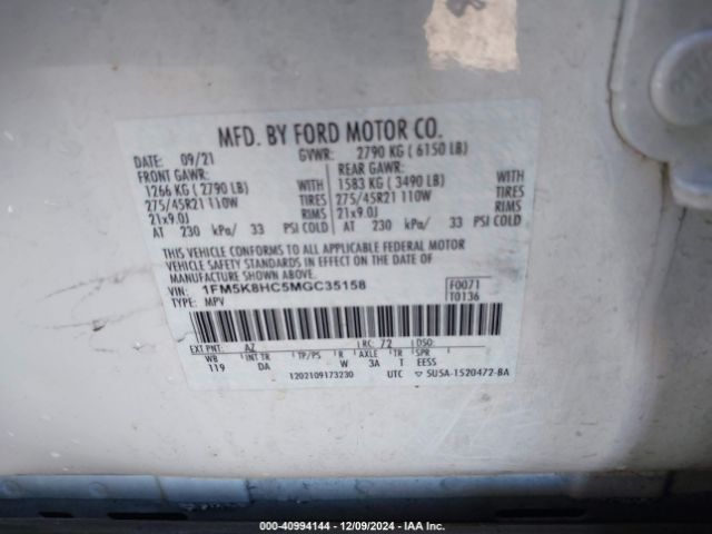 1FM5K8HC5MGC35158 Ford Explorer Platinum