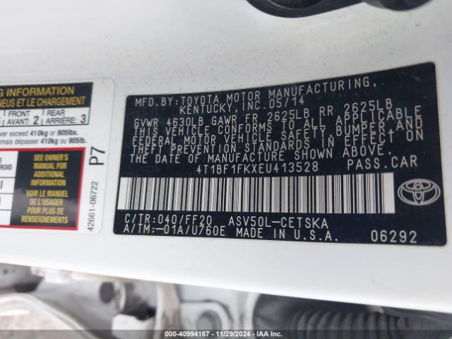 4T1BF1FKXEU413528 Toyota CAMRY SE