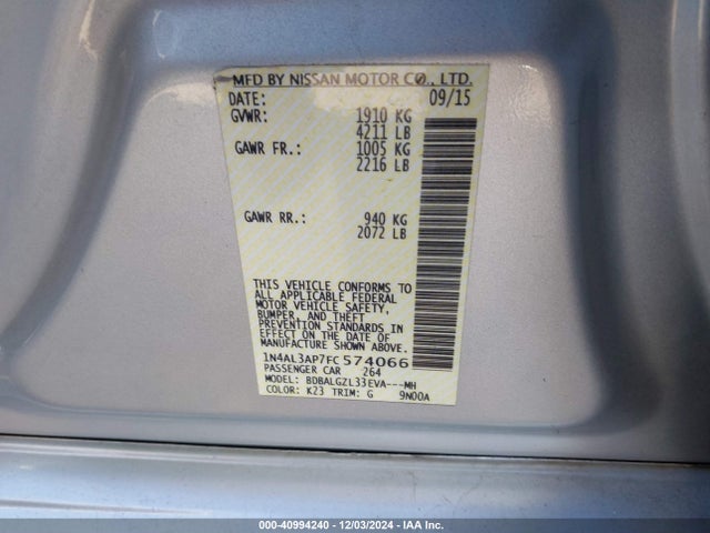 Nissan Altima 2.5 S 2015 1N4AL3AP7FC574066 Image 9