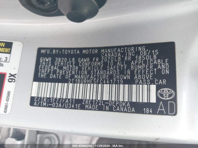 2T1BURHE5FC441719 Toyota COROLLA L
