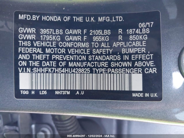 Honda CIVIC EX 2017 SHHFK7H54HU428825 Image 9