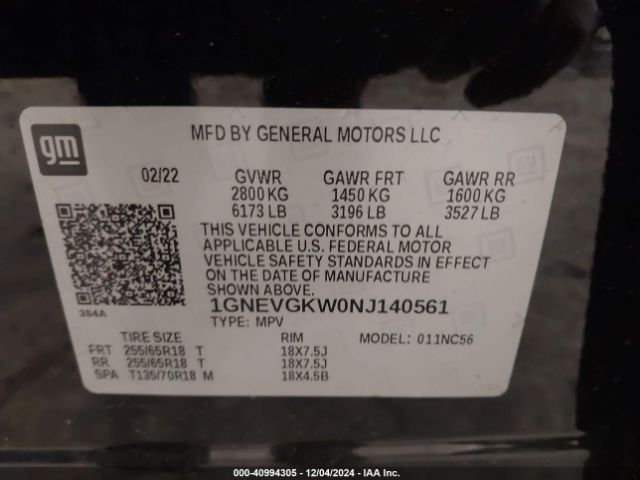 1GNEVGKW0NJ140561 Chevrolet Traverse Awd Lt Cloth