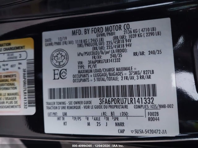 Ford Fusion Hybrid Titanium 2020 3FA6P0RU7LR141332 Image 9