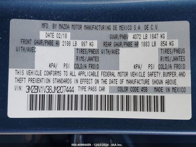 3MZBN1V38JM207444 Mazda Mazda3 Touring