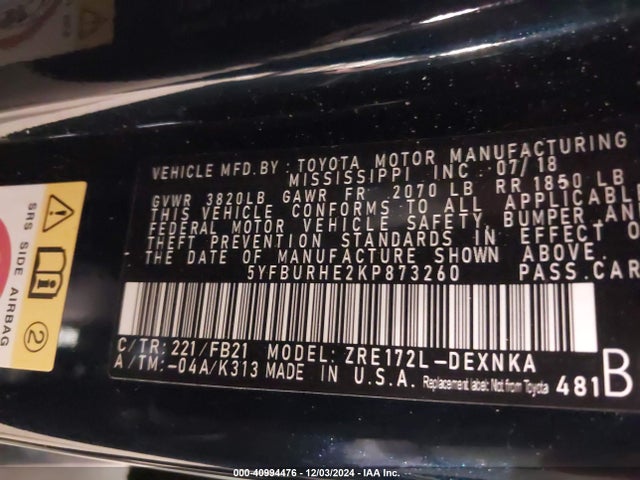 Toyota COROLLA LE 2019 5YFBURHE2KP873260 Image 9