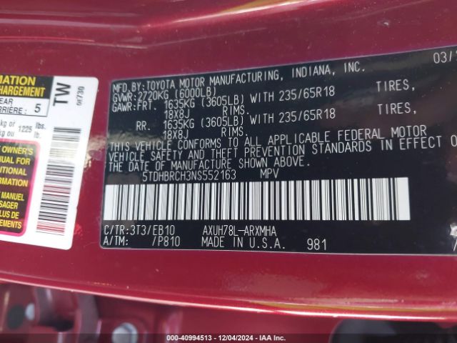 5TDHBRCH3NS552163 Toyota Highlander Hybrid Xle