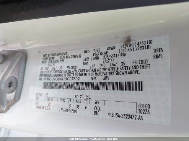 Ford ESCAPE SE 2017 1FMCU9GD0HUC07602 Image 9