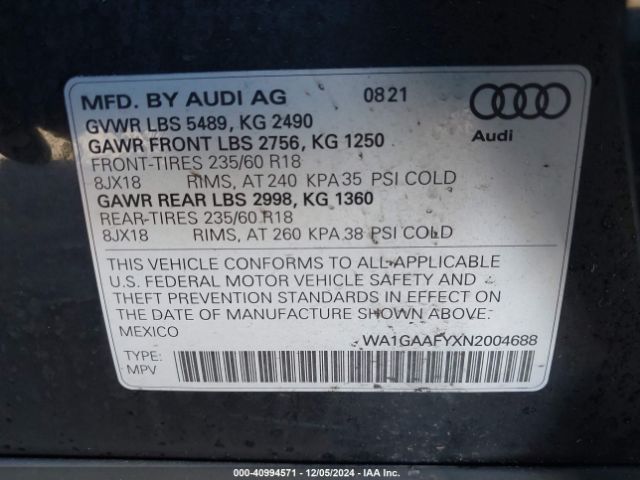 WA1GAAFYXN2004688 Audi Q5 Premium 45 Tfsi S Line Quattro S Tronic