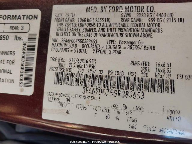 Ford FUSION S 2016 3FA6P0G75GR383653 Image 9