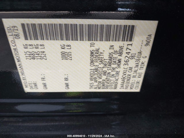 Nissan Maxima Sv Xtronic Cvt 2020 1N4AA6CVXLC362471 Image 9