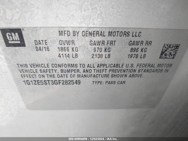 Chevrolet MALIBU 1LT 2016 1G1ZE5ST3GF282549 Image 9