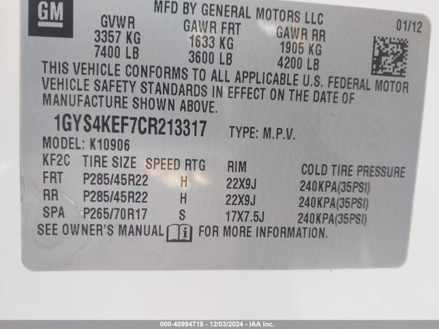 2012 CADILLAC ESCALADE ESV 1GYS4KEF7CR213317 Photo 8