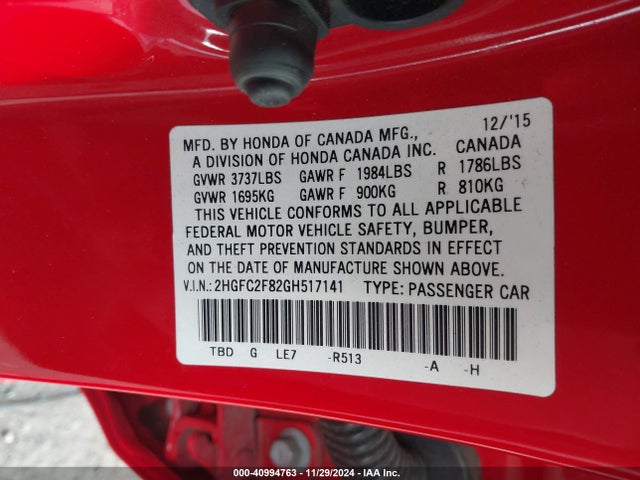 Honda CIVIC EX 2016 2HGFC2F82GH517141 Image 9