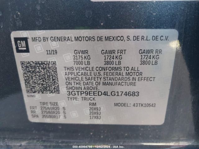 3GTP9EED4LG174683 GMC Sierra 1500 4wd  Short Box At4
