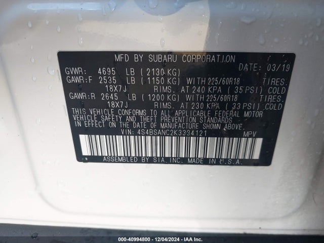 Subaru Outback 2.5i Limited 2019 4S4BSANC2K3334121 Image 9