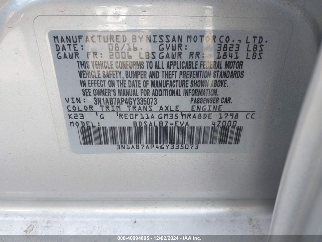 Nissan SENTRA S 2016 3N1AB7AP4GY335073 Image 9