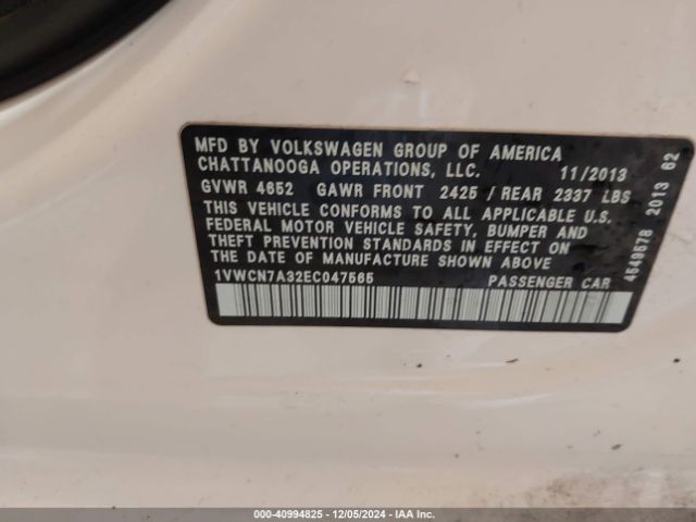 1VWCN7A32EC047565 Volkswagen Passat 2.0l Tdi Sel Premium