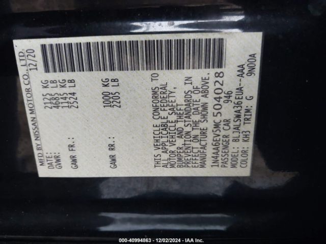 1N4AA6EV5MC504028 Nissan Maxima Sr Xtronic Cvt