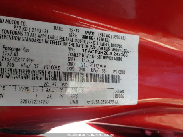 1FADP3H26JL243368 Ford FOCUS SEL