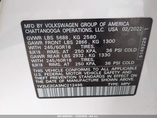 1V2LC2CA3NC212495 Volkswagen Atlas Cross Sport 2.0t Se