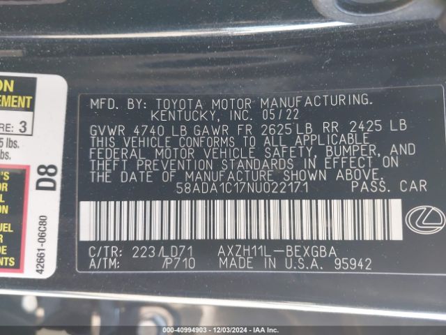 58ADA1C17NU022171 Lexus ES 300H